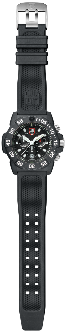 Black diver’s watch with a rubber strap and rotating bezel.