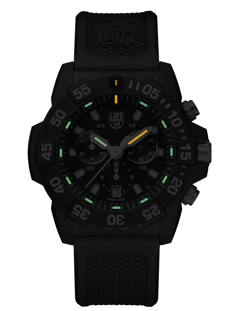 Black tactical wristwatch with luminous markings on the dial and multiple subdials.