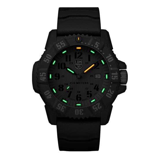 Black tactical wristwatch with luminous green and orange markings on the dial.