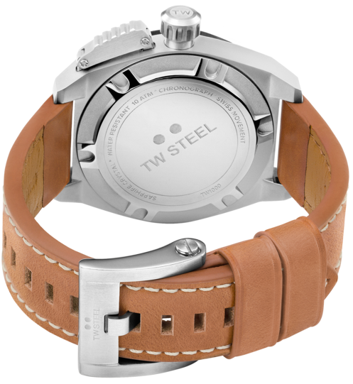 Wristwatch with a silver case and tan leather strap.