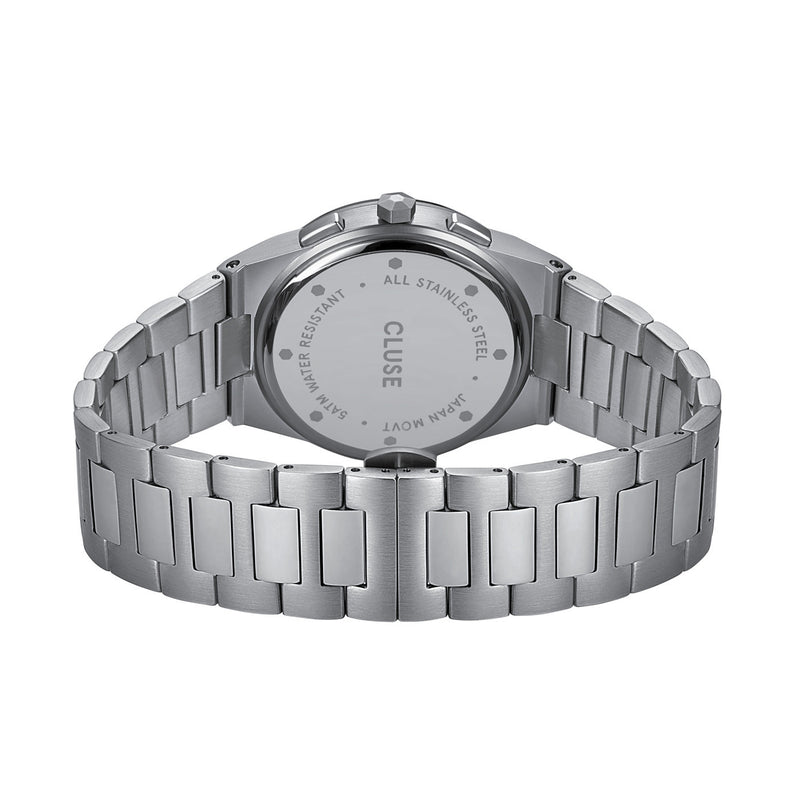 Stainless steel wristwatch bracelet with solid links.