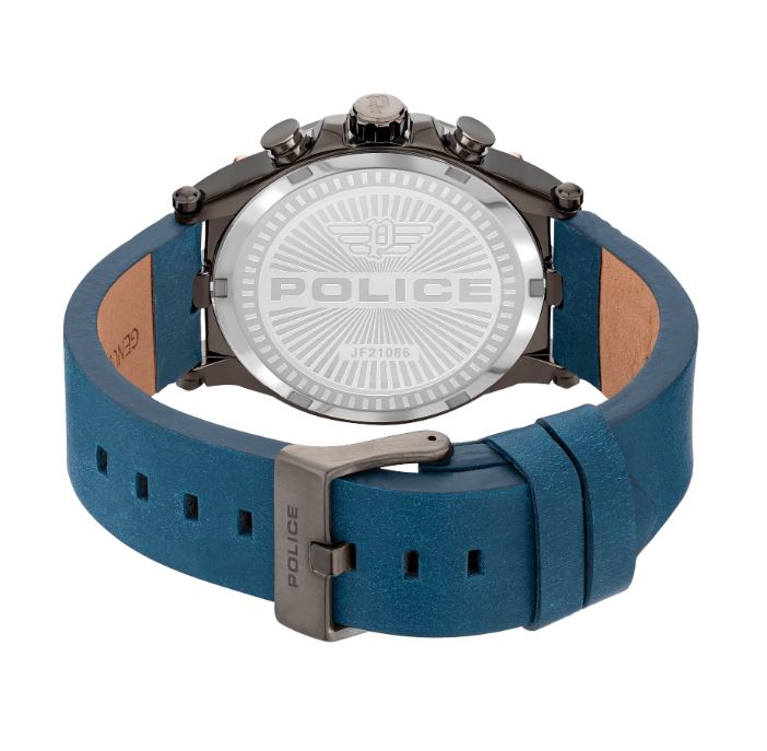 Wristwatch with a blue leather strap and dark metallic case.