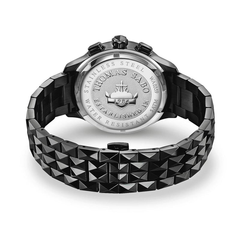 Luxury wristwatch with a black textured metal band and silver case back.