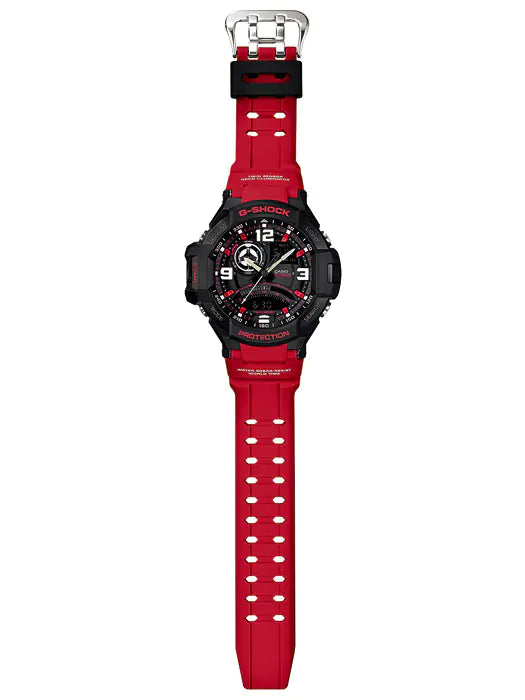 Red and black sports watch with a rugged design and analog display.