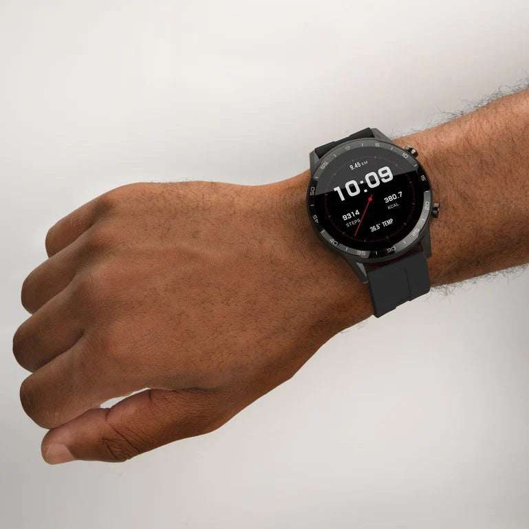 Digital smartwatch with a round face displaying the time 10:09 worn on a person’s wrist.