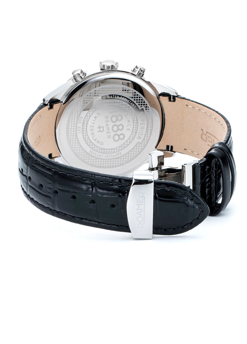 Wristwatch with a black leather strap and silver-toned case showing its back.