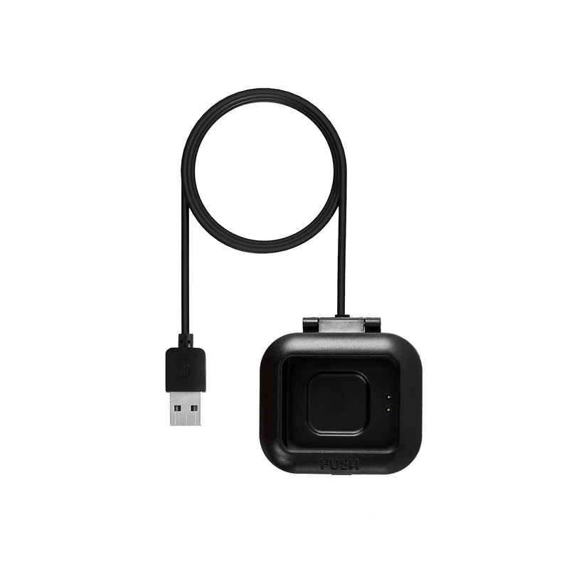 Charging dock or cradle for a smartwatch or fitness tracker connected to a USB cable.