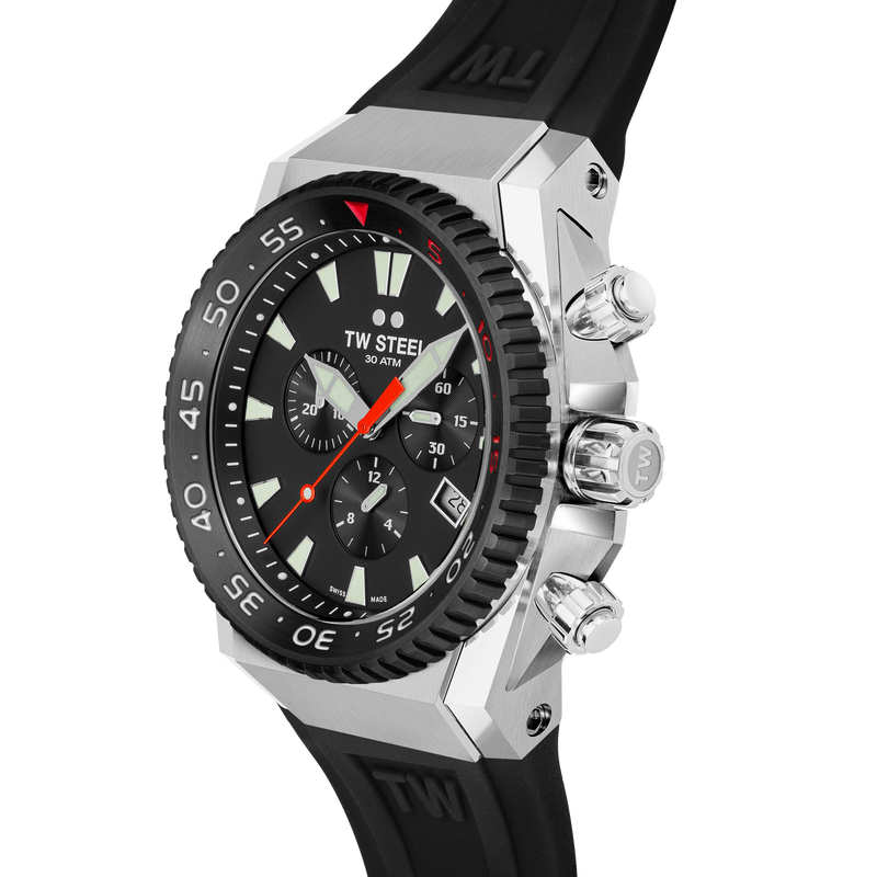 Stylish men’s chronograph wristwatch with a black dial and rubber strap.