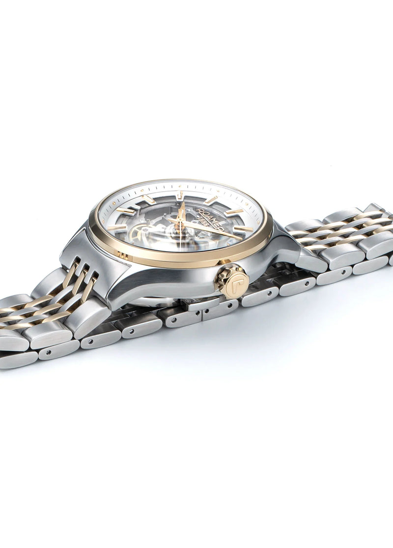 Luxury wristwatch with a metal bracelet and visible mechanical movement through the dial.