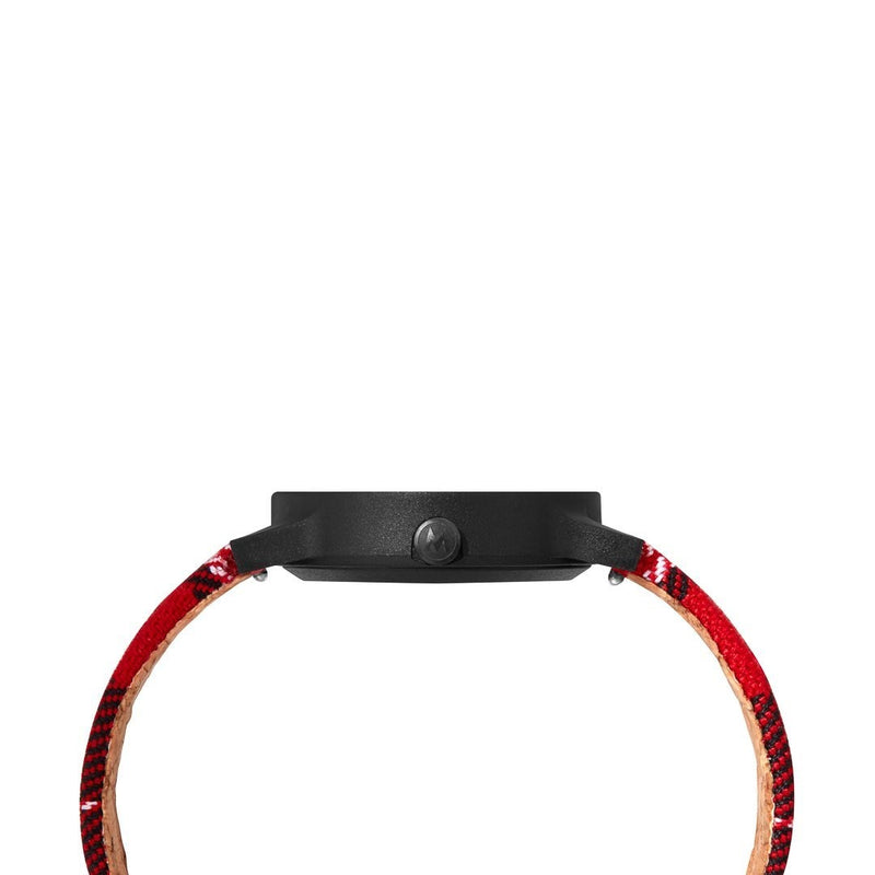 Sleek black watch face with a vibrant red leather strap.