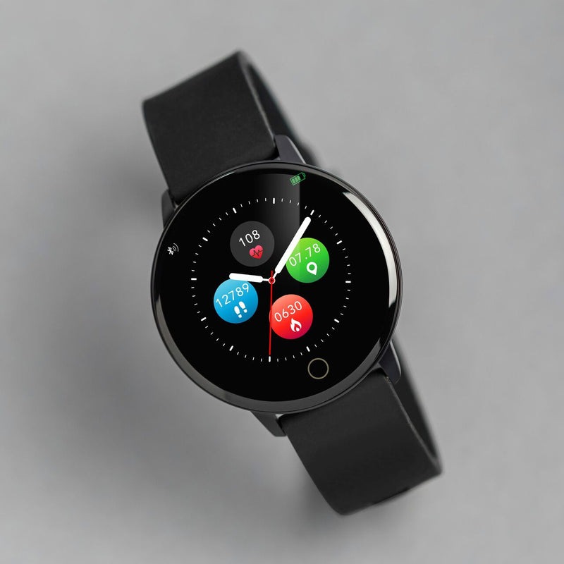 Sleek black smartwatch with a colorful circular display showing app icons.