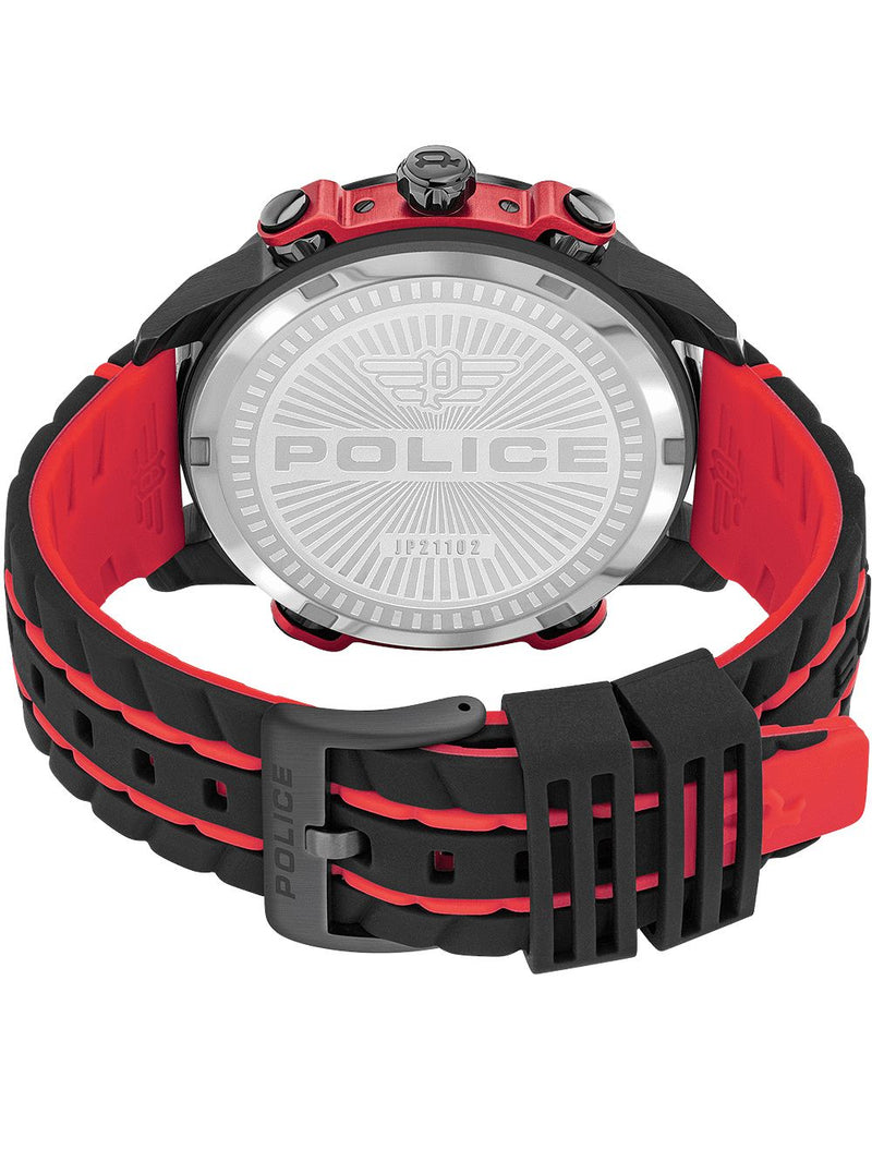 Sporty wristwatch with a red and black strap and ’Police’ branding on the back.