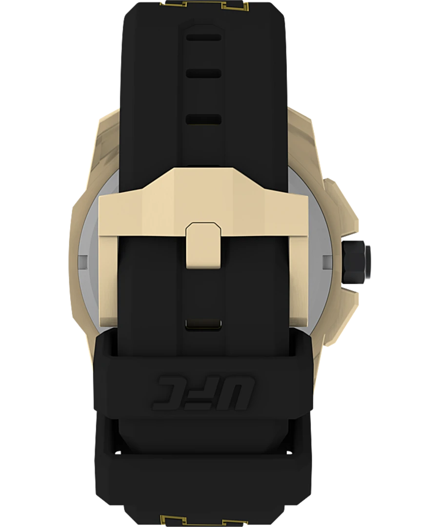 Wristwatch with a black rubber strap and gold-toned case.