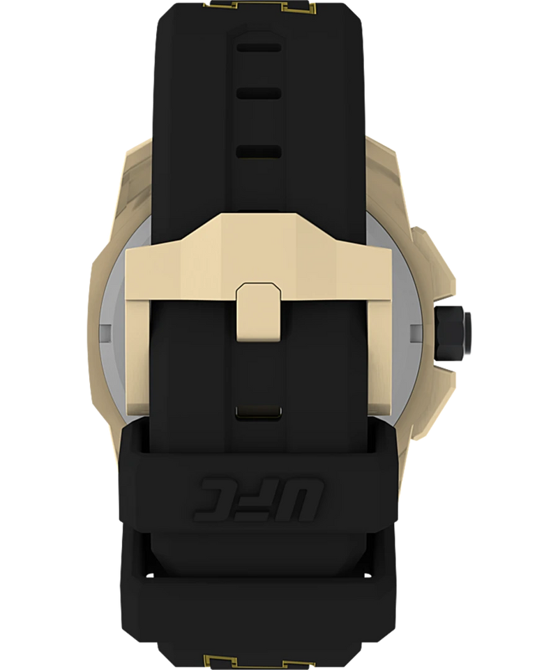 Wristwatch with a black rubber strap and gold-toned case.