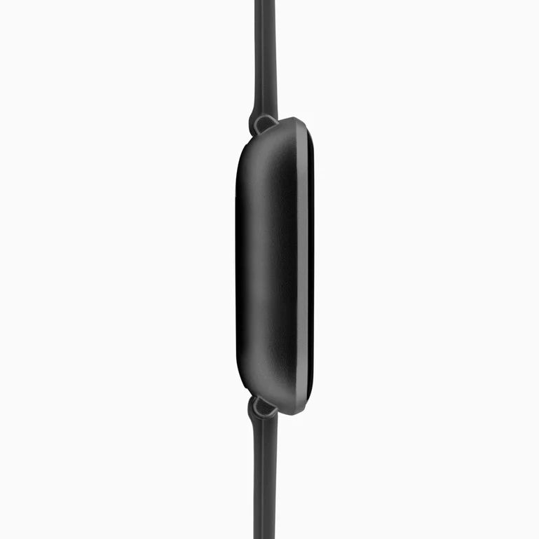 Sleek black wireless earbud with a thin connecting cord.