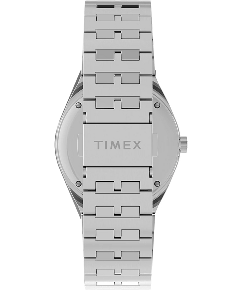 Silver metal wristwatch with a Timex brand name visible on the back.