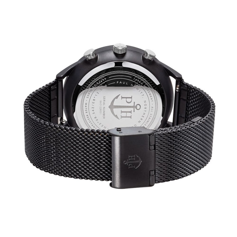 Black wristwatch with a mesh metal band and visible caseback.