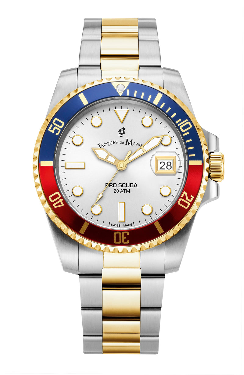 Luxury wristwatch with a two-tone metal bracelet and colorful bezel.