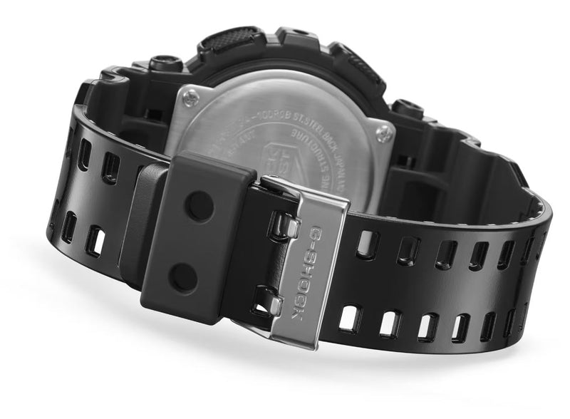 Black digital wristwatch with a rugged, perforated band.