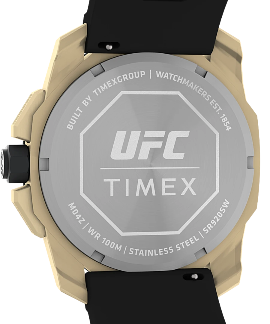 Back of a UFC-branded Timex watch with a tan case and black strap.