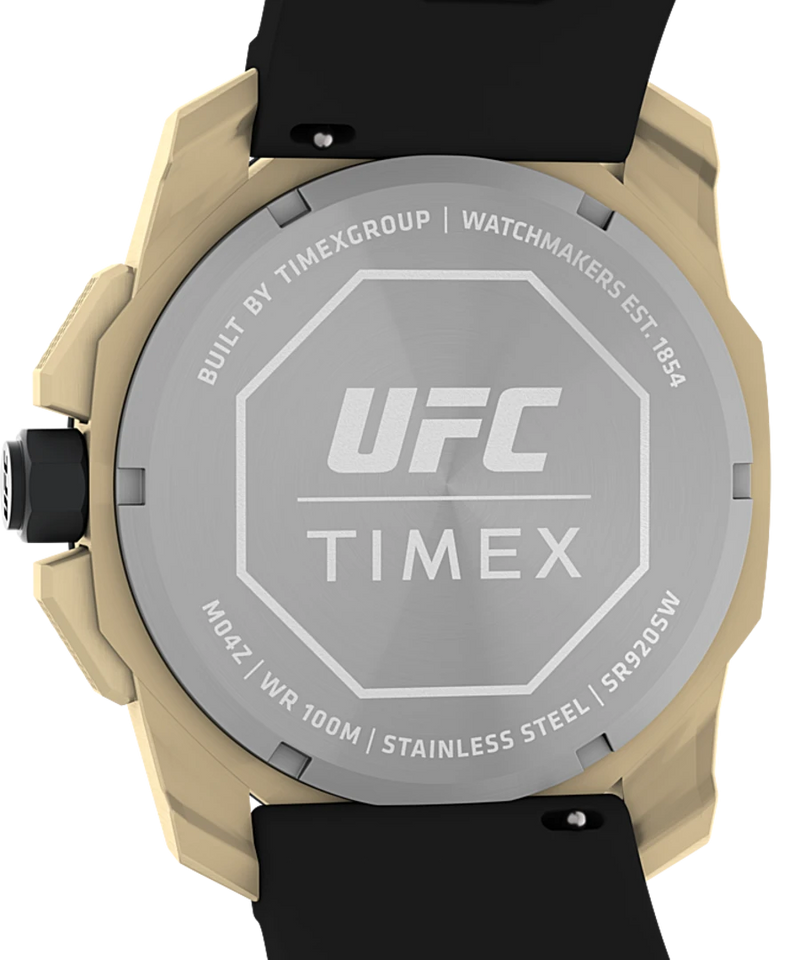 Back of a UFC-branded Timex watch with a tan case and black strap.