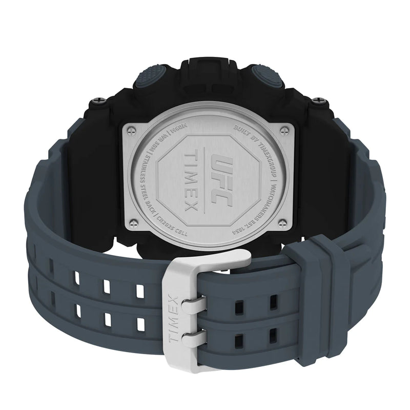 Digital sports watch with a black face and gray rubber strap.