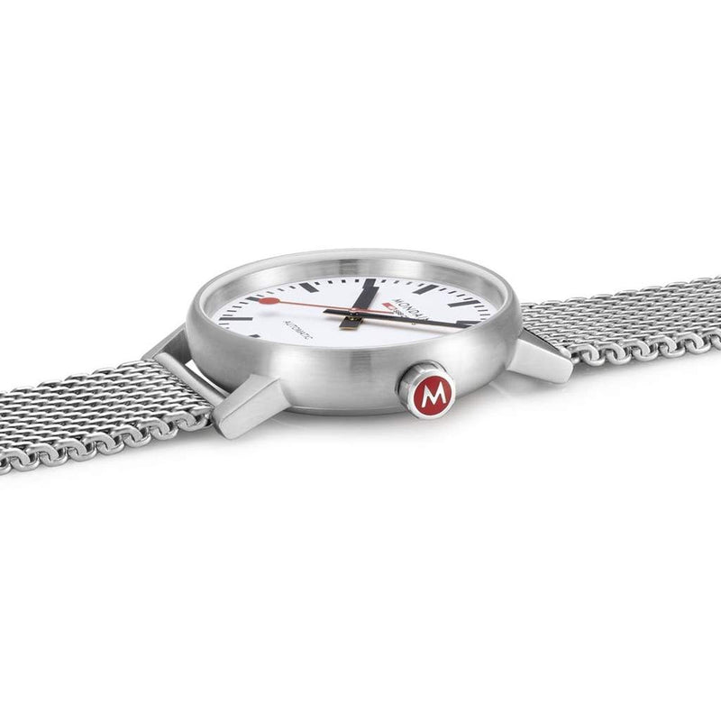 Sleek silver wristwatch with a mesh metal band and a red accent on the crown.