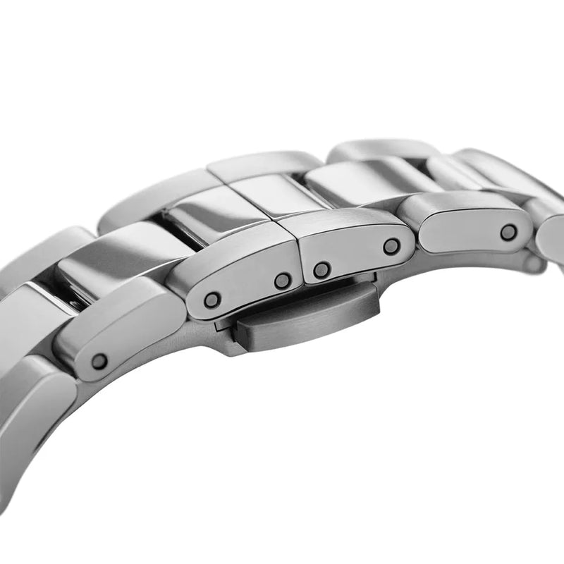 Metal watch bracelet with interlocking links and visible screws.