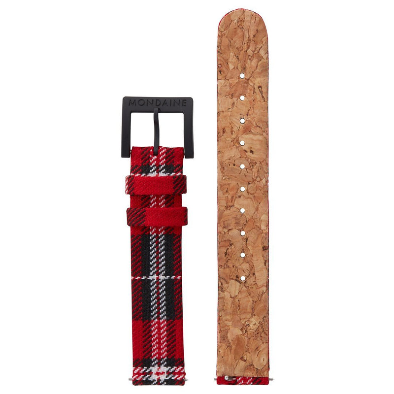 Plaid fabric watch strap with a black buckle and cork-textured backing.