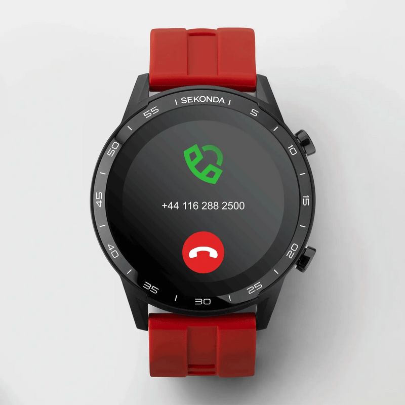 Smartwatch with a black face and red strap displaying an incoming call screen.