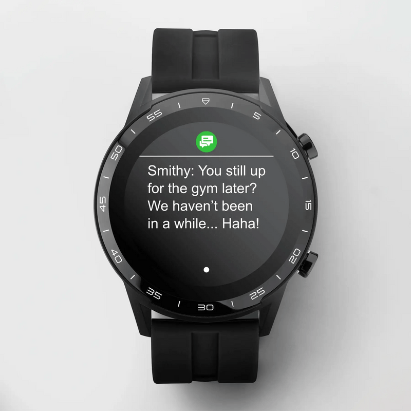 Black smartwatch displaying a text message on its screen.