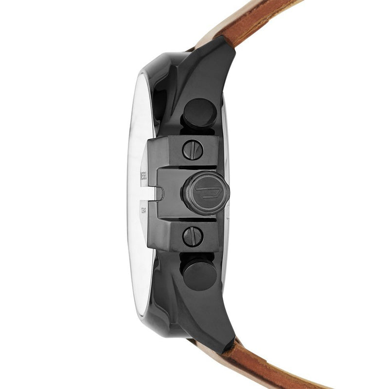 Side view of a wristwatch with a brown leather strap and black casing.