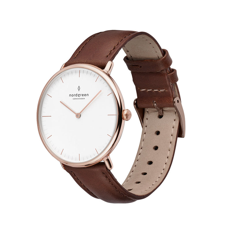 Elegant wristwatch with a white face, rose gold case, and brown leather strap.