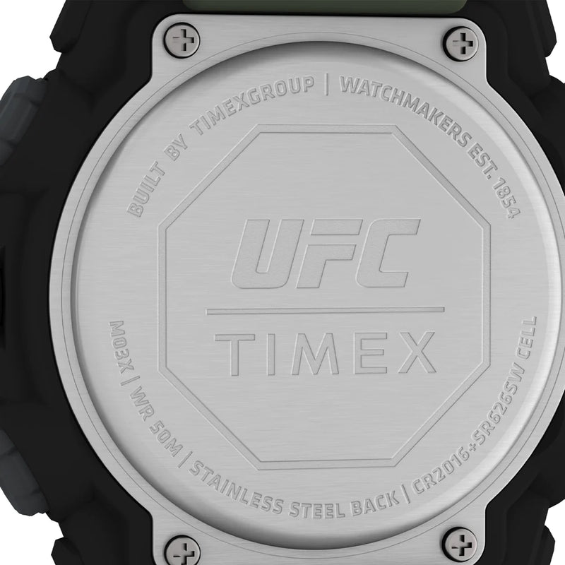 Back of a UFC-branded Timex watch with engraved details on the stainless steel case.