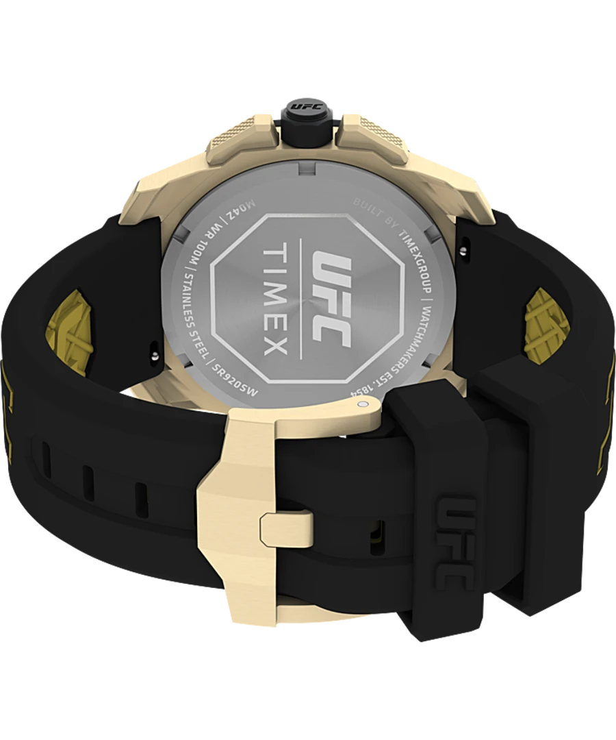 Wristwatch with a black strap and gold-colored case featuring a UFC logo on the back.