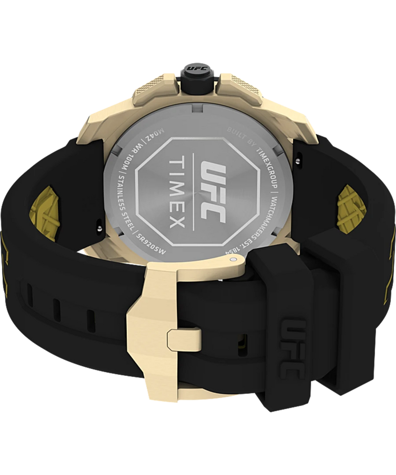 Wristwatch with a black strap and gold-colored case featuring a UFC logo on the back.