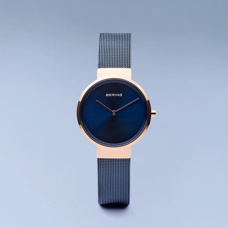 Bering Classic Polished Rose Gold Blue Mesh Watch