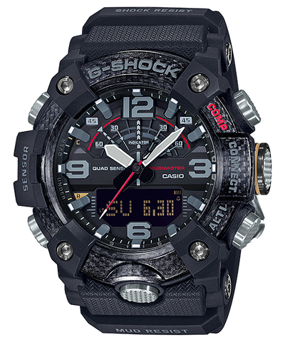 Rugged black G-Shock watch with analog and digital displays, featuring red accents and multiple buttons.