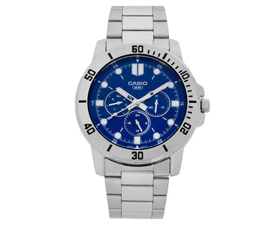 Silver-toned Casio wristwatch with a blue dial and multiple subdials.