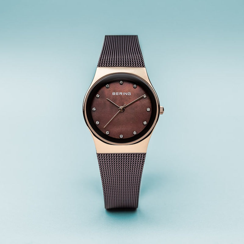 Bering Classic Polished Rose Gold Brown Milanese Mesh Watch