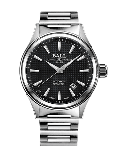 Stainless steel wristwatch with a black dial and ’BALL’ branding.