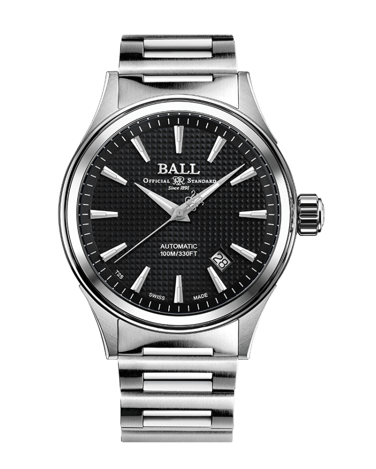 Stainless steel wristwatch with a black dial and ’BALL’ branding.