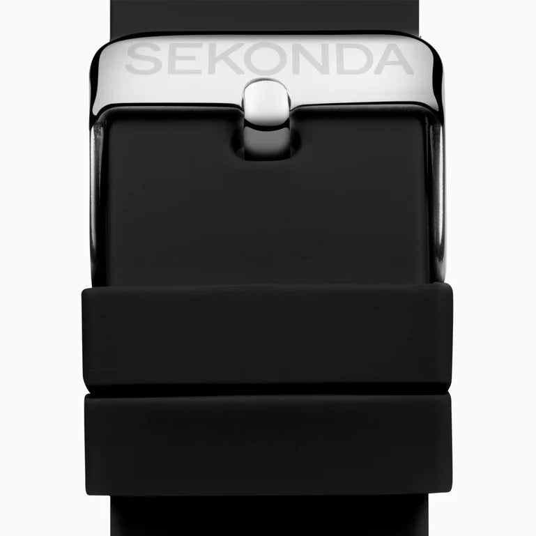 Watch strap with a silver buckle labeled ’SEKONDA’ on a black band.