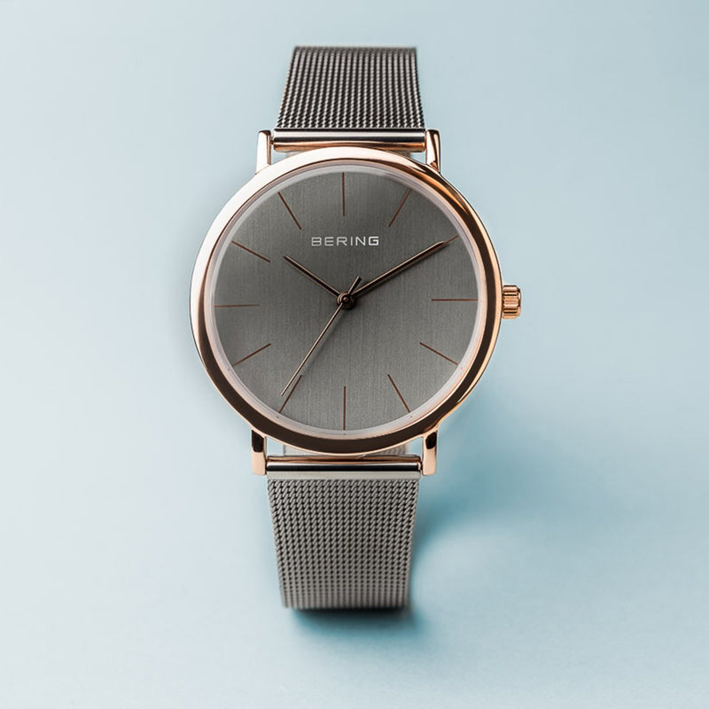 Bering Classic Polished Rose Gold Grey Mesh Watch