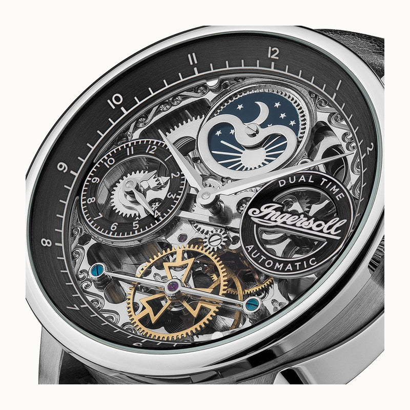 Intricately designed mechanical wristwatch with exposed gears and a moon phase complication.