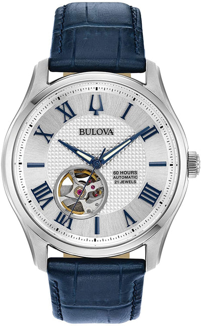 Bulova Wilton Automatic Blue Leather Band Mens Watch 96A206