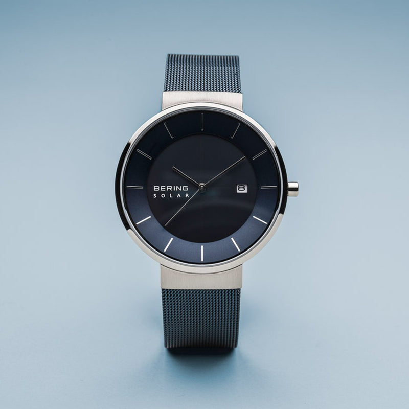 Bering Slim Solar Polished Silver Blue Mesh Watch