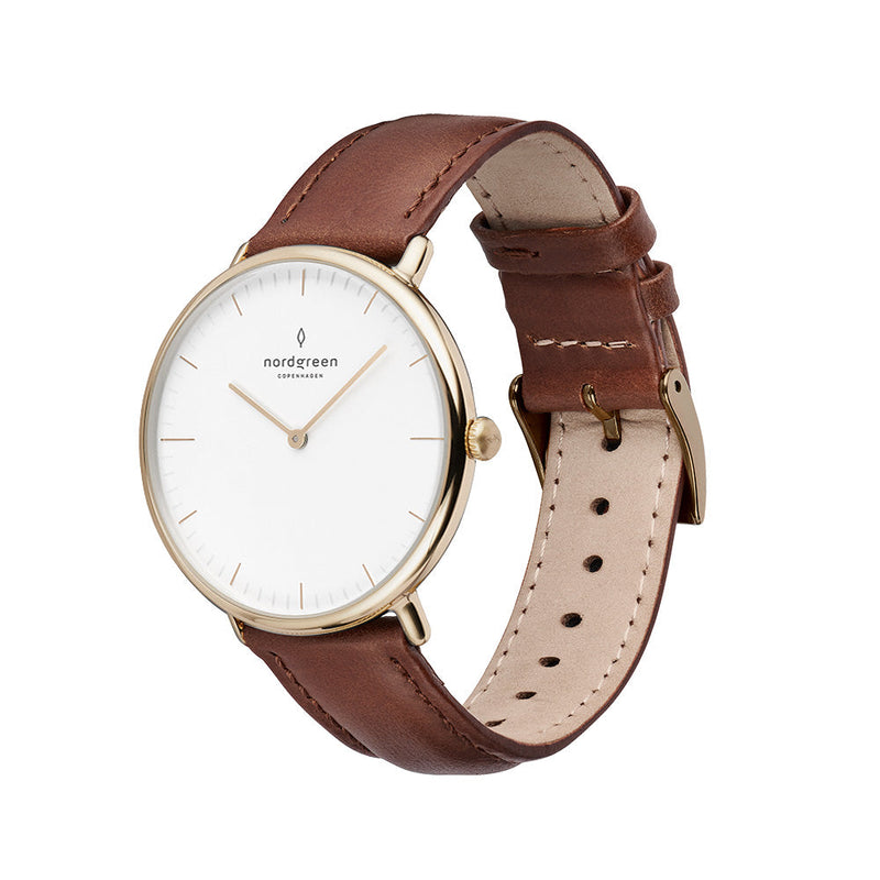 Elegant wristwatch with a white face, gold-tone case, and brown leather strap.