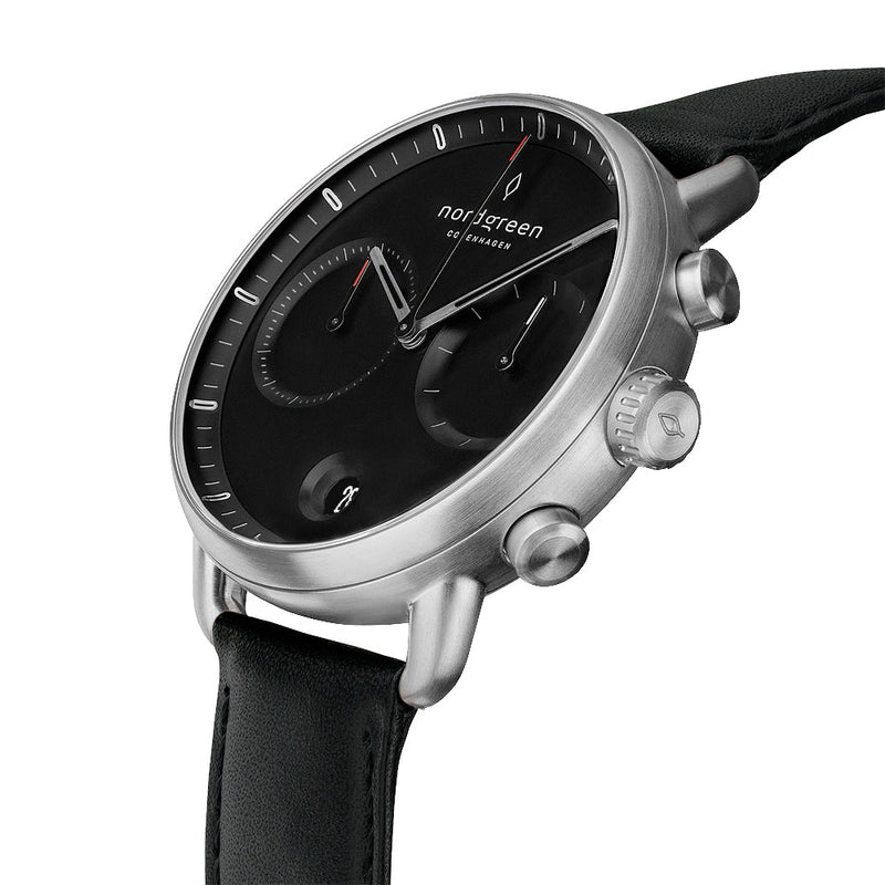 Sleek silver and black wristwatch with a chronograph design and leather strap.