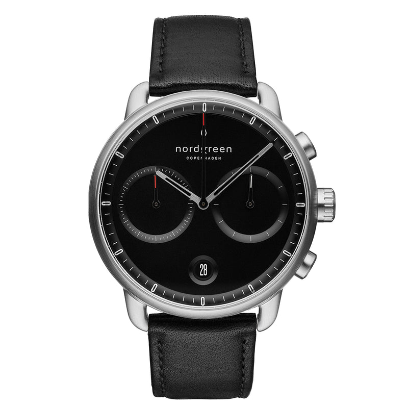 Sleek silver and black wristwatch with a chronograph dial and leather strap.